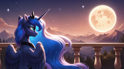 Size: 6400x3584 | Tagged: source needed, safe, ai content, derpibooru import, machine learning generated, princess luna, alicorn, pony, g4, ear fluff, ears, female, mare, moon, mountain, mountain range, outdoors, partially open wings, prompter needed, solo, stars, wings