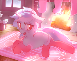 Size: 660x529 | Tagged: safe, artist:mewball, derpibooru import, lyra heartstrings, pony, unicorn, g4, blushing, christmas, christmas stocking, clothes, female, fireplace, holiday, holly, horn, lying down, mare, mouth hold, prone, socks, solo