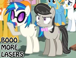 Size: 500x383 | Tagged: safe, derpibooru import, edit, carrot cake, dj pon-3, octavia melody, vinyl scratch, oc, oc:mysteryben, pony, unicorn, g4, caption, dialogue, duo focus, epic rage time, female, glasses, horn, image macro, mare, meme, open mouth, screenshots, text