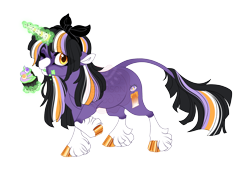 Size: 4716x3275 | Tagged: safe, artist:gigason, derpibooru import, oc, oc:soot sayer, classical unicorn, pony, unicorn, adoptable, bangs, big eyes, black bow, black mane, black tail, brown pupils, chewing, cloven hooves, coat markings, colored eyebrows, colored hooves, colored horn, colored muzzle, colored pinnae, colored pupils, cupcake, ears, eating, eye clipping through hair, eyebrows, eyebrows visible through hair, eyelashes, facial markings, female, female oc, floppy ears, food, glowing, glowing horn, gold hooves, golden eyes, gradient legs, gradient muzzle, green magic, hair accessory, halloween, headband, holiday, hooves, horn, leonine tail, looking at you, magic, mane accessory, mare, mare oc, mask (coat marking), messy face, multicolored mane, multicolored tail, obtrusive watermark, one eye closed, orange eyes, purple coat, raised hoof, raised leg, shiny eyes, shiny hooves, simple background, smiling, smiling at you, socks (coat marking), solo, standing, standing on three hooves, straight mane, straight tail, stripe, striped horn, tail, telekinesis, thick eyelashes, three quarter view, transparent background, unicorn horn, unicorn oc, unshorn fetlocks, watermark