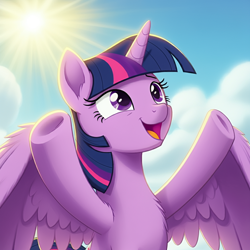 Size: 1024x1024 | Tagged: safe, ai content, derpibooru import, machine learning generated, twilight sparkle, twilight sparkle (alicorn), alicorn, pony, g4, anonymous prompter, cloud, cute, female, looking up, mare, open mouth, open smile, rainbowshining, sky, smiling, solo, spread wings, wings