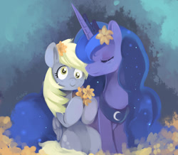 Size: 890x777 | Tagged: safe, artist:ende26, derpibooru import, derpy hooves, princess luna, alicorn, pegasus, pony, g4, duo, female, flower, lesbian, lunaderp, mare, shipping