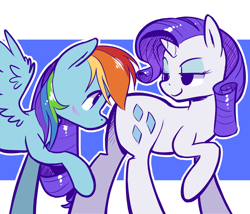 Size: 1280x1097 | Tagged: safe, artist:rwl, derpibooru import, rainbow dash, rarity, pegasus, pony, unicorn, g4, blushing, eye contact, eyes on the prize, female, horn, lesbian, looking at each other, looking at someone, mare, raridash, shipping, smug