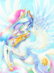 Size: 895x1200 | Tagged: safe, artist:fleebites, derpibooru import, princess celestia, alicorn, pony, g4, collar, concave belly, crown, cutie mark, eyes closed, female, jewelry, mare, necklace, regalia, slender, solo, thin, traditional art