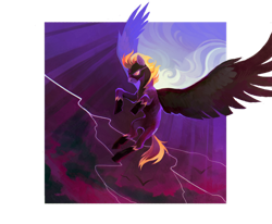 Size: 1280x1056 | Tagged: safe, artist:dearmary, derpibooru import, oc, oc only, oc:blaze (shadowbolt), bat, pegasus, pony, abstract background, aviator goggles, clothes, cloud, costume, flight suit, goggles, lightning, night, shadowbolts, shadowbolts costume, solo, transparent, yellow mane