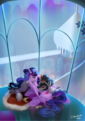 Size: 1080x1534 | Tagged: safe, artist:tingsan, derpibooru import, king sombra, twilight sparkle, twilight sparkle (alicorn), alicorn, pony, unicorn, g4, butt, cuddling, dock, female, horn, male, mare, plot, ship:twibra, shipping, stallion, straight, tail