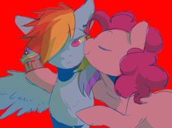 Size: 1999x1499 | Tagged: safe, artist:piesinful, derpibooru import, pinkie pie, rainbow dash, earth pony, pegasus, pony, fanfic:cupcakes, g4, blood, cupcake, duo, female, food, kiss on the cheek, kissing, mare, needs more saturation, rainbow cupcake, red background, simple background, spread wings, wings