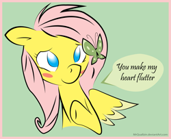 Size: 1575x1280 | Tagged: safe, artist:mrquallzin, artist:swiftcutter, derpibooru import, fluttershy, pegasus, pony, g4, blush sticker, blushing, butterfly hairpin, cute, dialogue, female, green background, hair ornament, mare, no pupils, shyabetes, simple background, solo, speech bubble, text