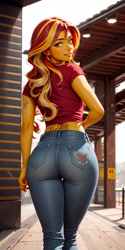 Size: 1024x2048 | Tagged: safe, ai content, derpibooru import, editor:masterdarhil, machine learning generated, sunset shimmer, human, phoenix, equestria girls, g4, ass, bunset shimmer, butt, clothes, denim, ear piercing, earring, female, head turn, jeans, jewelry, looking at you, looking back, looking back at you, outdoors, pants, photoshop, piercing, prompter:sammykun, recolor, shirt, short sleeves, smiling, solo, standing, tattoo, tight clothing, wide hips