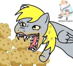 Size: 720x648 | Tagged: safe, artist:adriano suarez, derpibooru import, part of a set, derpy hooves, pegasus, pony, g4, creepy, eating, fangs, female, food, mare, meme, messy eating, muffin, nightmare fuel, open mouth, sharp teeth, solo, teeth, wat