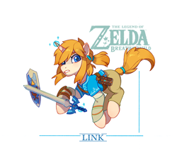 Size: 3706x3308 | Tagged: safe, artist:drtuo4, derpibooru import, pony, unicorn, horn, link, male, master sword, ponified, shield, solo, species swap, stallion, sword, the legend of zelda, the legend of zelda: breath of the wild, weapon