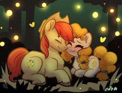 Size: 1583x1200 | Tagged: safe, artist:colorfulcolor233, derpibooru import, bright mac, pear butter, earth pony, firefly (insect), insect, pony, g4, brightabetes, brightbutter, chest fluff, cute, daaaaaaaaaaaw, eyes closed, female, heart, lying down, male, mare, pearabetes, ponyloaf, prone, shipping, smiling, stallion, straight