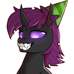 Size: 1165x1168 | Tagged: safe, artist:cold-blooded-twilight, derpibooru import, oc, oc only, oc:discreet breeze, changeling, blushing, fangs, hat, horn, looking down, party hat, purple blush, purple changeling, purple eyes, purple mane, simple background, solo, teeth, transparent background