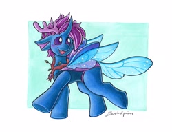 Size: 2520x1928 | Tagged: safe, artist:zwiebelprinz, derpibooru import, oc, oc only, oc:discreet breeze, changedling, changeling, antlers, blue changeling, changedling oc, changeling ears, changeling oc, dark belly, fangs, horn, insect wings, purple changeling, purple mane, quadrupedal, shiny wings, solo, wings