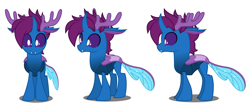 Size: 1892x816 | Tagged: safe, artist:flash equestria photography, derpibooru import, oc, oc only, oc:discreet breeze, changedling, changeling, antlers, blue changeling, changedling oc, changeling ears, changeling horn, changeling oc, changeling wings, fangs, horn, insect wings, purple changeling, purple eyes, purple mane, reference, shell, shiny wings, simple background, solo, turnaround, white background, wings