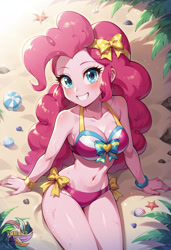 Size: 2496x3648 | Tagged: safe, ai content, derpibooru import, machine learning generated, pinkie pie, human, equestria girls, g4, bare shoulders, beach, clothes, generator:civitai, legs together, prompter:trux23, sand, sitting, sleeveless, swimsuit