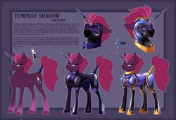 Size: 5940x4050 | Tagged: safe, artist:parrpitched, derpibooru import, oc, oc only, oc:tempest shadow(prisoners of the moon), unicorn, alternate universe, broken horn, clothes, fireheart76's latex suit design, fixed horn, gloves, horn, latex, latex gloves, latex suit, prisoners of the moon, reference sheet, rubber, rubber suit, unicorn oc