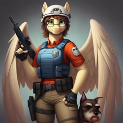 Size: 1024x1024 | Tagged: safe, ai content, derpibooru import, machine learning generated, ripley, zippoorwhill, anthro, dog, pegasus, series:g.i. pony: a real equestrian hero, g4, clothes, cosplay, costume, duo, female, fingerless gloves, g.i. joe, generator:google imagen 3.0, glasses, gloves, gradient background, gun, helmet, law, military police, military uniform, older zippoorwhill, order, prompter:zerowinger, smiling, submachinegun, uniform, uzi, vest, weapon