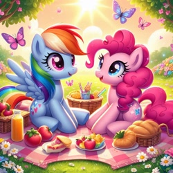 Size: 1024x1024 | Tagged: safe, ai content, derpibooru import, machine learning generated, pinkie pie, rainbow dash, butterfly, earth pony, pegasus, g4, female, flower, food, nature, outdoors, picnic, picnic blanket, prompter:bluey2309, sun, wrong cutie mark