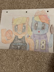 Size: 3024x4032 | Tagged: safe, artist:mvandybrony2k12, derpibooru import, applejack, rainbow dash, timber wolf, g4, american football, anthony edwards, basketball, duo, duo female, female, football, justin jefferson, lined paper, nba, nfl, sports, traditional art, vikings