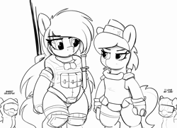 Size: 3400x2456 | Tagged: safe, artist:pabbley, derpibooru import, oc, oc only, oc:recce, cyborg, earth pony, pony, armor, artificial hands, big mare, bipedal, black and white, cigarette, clothes, combat armor, combat knife, female, goggles, grayscale, hat, knee pads, knife, lab coat, looking at each other, looking at someone, mare, monochrome, safety goggles, simple background, size difference, smoking, soldier, tactical vest, technician, thighs, white background