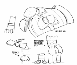 Size: 2769x2320 | Tagged: safe, artist:pabbley, derpibooru import, oc, oc only, cyborg, earth pony, pony, armor, artificial hands, black and white, clothes, goggles, grayscale, lab coat, monochrome, safety goggles, simple background, solo, tactical vest, technician, white background