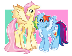 Size: 1012x789 | Tagged: safe, artist:p2iimon, derpibooru import, fluttershy, rainbow dash, pegasus, pony, g4, concave belly, duo, duo female, female, flutterdash, height difference, lesbian, long legs, mare, physique difference, shipping, smoldash, tall, tallershy, thin, unshorn fetlocks