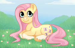 Size: 1062x689 | Tagged: safe, artist:p2iimon, derpibooru import, fluttershy, pegasus, pony, g4, lying down, ponyloaf, prone, smiling, solo, wingless