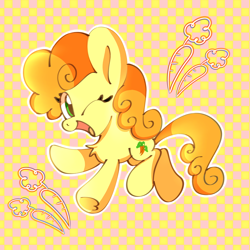 Size: 2732x2732 | Tagged: safe, artist:lydia, derpibooru import, carrot top, golden harvest, earth pony, pony, g4, abstract background, checkered background, commission, female, mare, one eye closed, solo, wink, younger