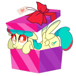 Size: 1394x1392 | Tagged: safe, artist:lydia, derpibooru import, oc, oc only, oc:compass aisle, pegasus, pony, box, commission, female, mare, no pupils, pony in a box, present, simple background, solo, transparent background