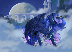 Size: 2067x1502 | Tagged: safe, artist:rowankitten, derpibooru import, princess luna, alicorn, pony, g4, crown, female, fog, full moon, hoof shoes, jewelry, mare, moon, night, peytral, raised hoof, raised leg, regalia, smiling, solo