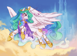 Size: 2067x1502 | Tagged: safe, artist:rowankitten, derpibooru import, princess celestia, alicorn, pony, cloud, crown, crystal, female, flying, hoof shoes, jewelry, mare, regalia, solo