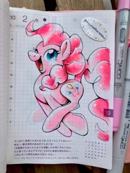 Size: 1536x2048 | Tagged: safe, artist:kristaporterr, derpibooru import, pinkie pie, earth pony, pony, g4, female, happy, looking at you, mare, one eye closed, open mouth, open smile, running, smiling, traditional art, wink