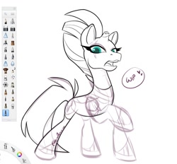 Size: 1002x928 | Tagged: safe, artist:kristaporterr, derpibooru import, tempest shadow, pony, unicorn, g4, broken horn, female, horn, looking at you, mare, open mouth, raised hoof, raised leg, sketch, slender, solo, thin, wip