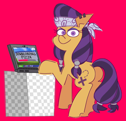 Size: 1100x1050 | Tagged: safe, artist:threetwotwo32232, derpibooru import, earth pony, pony, g4, bandana, butt, comic, computer, cutlass (g4), download, female, furrowed brow, laptop computer, looking at you, looking back, looking back at you, mare, piracy, plot, red background, simple background, smiling, smiling at you, solo