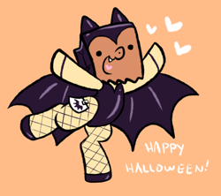 Size: 900x800 | Tagged: safe, artist:paperbagpony, derpibooru import, oc, oc only, oc:paper bag, clothes, costume, fake cutie mark, fake wings, fangs, fishnet clothing, fishnet stockings, halloween, halloween costume, leotard, solo, stockings, thigh highs