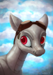 Size: 2059x2912 | Tagged: safe, artist:drawirm, derpibooru import, oc, oc only, oc:dorn, original species, plane pony, pony, aviator goggles, bust, commission, do 217 n2, goggles, goggles on head, male, plane, portrait, red eyes, solo, stallion