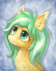 Size: 2172x2761 | Tagged: safe, artist:drawirm, derpibooru import, oc, oc only, oc:icy breeze, bat pony, pony, abstract background, bust, commission, ear piercing, earring, fangs, female, jewelry, mare, piercing, portrait, solo