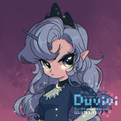 Size: 2048x2048 | Tagged: safe, artist:duvivi, derpibooru import, princess luna, human, g4, breasts, clothes, crown, cute, dress, elf ears, frown, gradient background, horn, horned humanization, humanized, jewelry, lunabetes, puffy sleeves, regalia, short sleeves, solo, text, tsundere, upper body