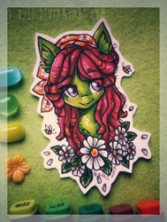 Size: 1106x1462 | Tagged: dead source, safe, artist:tay-niko-yanuciq, derpibooru import, tree hugger, bee, earth pony, insect, pony, g4, bandana, cute, eye clipping through hair, female, flower, huggerbetes, mare, solo, traditional art