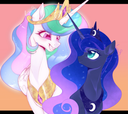 Size: 1791x1592 | Tagged: safe, artist:meteor s, derpibooru import, princess celestia, princess luna, alicorn, pony, g4, crown, cute, cutelestia, duo, duo female, female, gradient background, grin, jewelry, letterboxing, looking at each other, looking at someone, lunabetes, mare, out of frame, regalia, royal sisters, siblings, signature, sisters, smiling, upper body