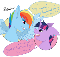 Size: 4111x3892 | Tagged: safe, artist:tkshoelace, derpibooru import, dusk shine, rainbow blitz, rainbow dash, twilight sparkle, pegasus, pony, unicorn, duo, duo male, duskblitz, ear fluff, ears, female to male, gay, horn, looking at each other, looking at someone, male, rule 63, shipping, simple background, speech bubble, spread wings, stallion, talking, text, trans male, transformation, transgender, transgender transformation, twidash, white background, wings