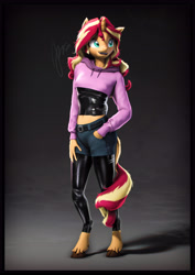 Size: 4000x5656 | Tagged: safe, artist:imafutureguitarhero, derpibooru import, sunset shimmer, anthro, classical unicorn, unguligrade anthro, unicorn, g4, 3d, :d, belly fluff, belt, bolero jacket, border, cheek fluff, chin fluff, chromatic aberration, clothes, cloven hooves, colored eyebrows, colored eyelashes, cute, ear fluff, ear freckles, ears, eyebrows, female, film grain, floppy ears, fluffy, fluffy hair, fluffy mane, fluffy tail, freckles, fur, hand freckles, hand in pocket, hand on hip, hoodie, hoof fluff, horn, jacket, latex, latex stockings, latex under clothes, leonine tail, long hair, long mane, long sleeves, looking sideways, looking to side, looking to the right, mare, midriff, multicolored hair, multicolored mane, multicolored tail, neck fluff, nose wrinkle, one ear down, open mouth, open smile, paintover, pants, peppered bacon, raised eyebrow, revamped anthros, revamped ponies, shadow, shiny, shorts, signature, smiling, solo, source filmmaker, stockings, tail, tail around leg, tail fluff, thigh highs, unshorn fetlocks, vertical, wall of tags