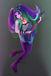 Size: 2000x3000 | Tagged: safe, artist:moewwur, artist:rin-mandarin, derpibooru import, aria blaze, human, equestria girls, g4, boots, electric guitar, eyes closed, eyeshadow, female, full body, gem, guitar, jewelry, lips, magic, makeup, musical instrument, necklace, pigtails, ponytail, ponytails, purple eyeshadow, rainbow rocks 10th anniversary, shoes, smiling, solo, stars, sticker, tail, twintails, wristband