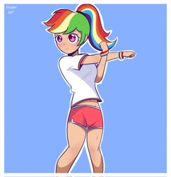 Size: 1982x2048 | Tagged: safe, artist:eltrash_art6, derpibooru import, rainbow dash, human, alternate hairstyle, belly, belly button, blue background, blushing, clothes, female, humanized, midriff, ponytail, shirt, shorts, simple background, solo, sports shorts, stretching, t-shirt