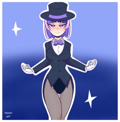 Size: 2014x2048 | Tagged: safe, artist:eltrash_art6, derpibooru import, oc, oc only, oc:flawless sparklemoon, human, blushing, bowtie, breasts, clothes, coat, eyeshadow, female, fusion, fusion:trixie, fusion:twilight sparkle, fusion:twixie, gloves, gradient background, hat, humanized, humanized oc, leotard, magician outfit, makeup, my little pony the movie: the death of twilight sparkle, nylon, shirt, solo, stockings, thigh highs, top hat