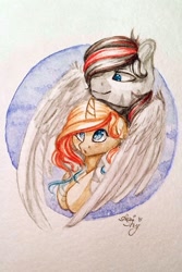 Size: 1255x1877 | Tagged: safe, artist:amishy, derpibooru import, oc, oc only, pegasus, pony, unicorn, abstract background, blushing, duo, female, horn, hug, hug from behind, male, mare, oc x oc, shipping, stallion, traditional art, watercolor painting