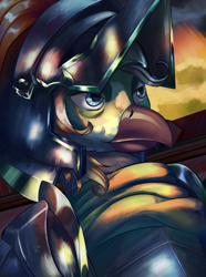 Size: 2340x3150 | Tagged: safe, artist:fly over, derpibooru import, oc, oc only, griffon, equestria at war mod, bust, griffon oc, knight, male, portrait