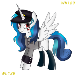 Size: 1400x1414 | Tagged: safe, artist:wh189, derpibooru import, oc, oc only, oc:praetorian themis, alicorn, alicorn oc, boots, clothes, cufflinks, hat, horn, looking at you, peaked cap, shirt, shoes, solo, tattoo, wings