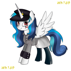 Size: 1400x1414 | Tagged: safe, artist:wh189, derpibooru import, oc, oc only, oc:praetorian themis, alicorn, alicorn oc, boots, clothes, cufflinks, hat, horn, looking at you, peaked cap, shoes, simple background, skirt, solo, spread wings, tattoo, white background, wings